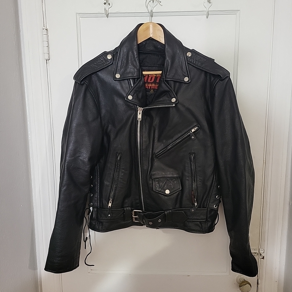 Hot Leathers Men’s Black Genuine Leather Motorcycle Jacket Size 44 Biker
